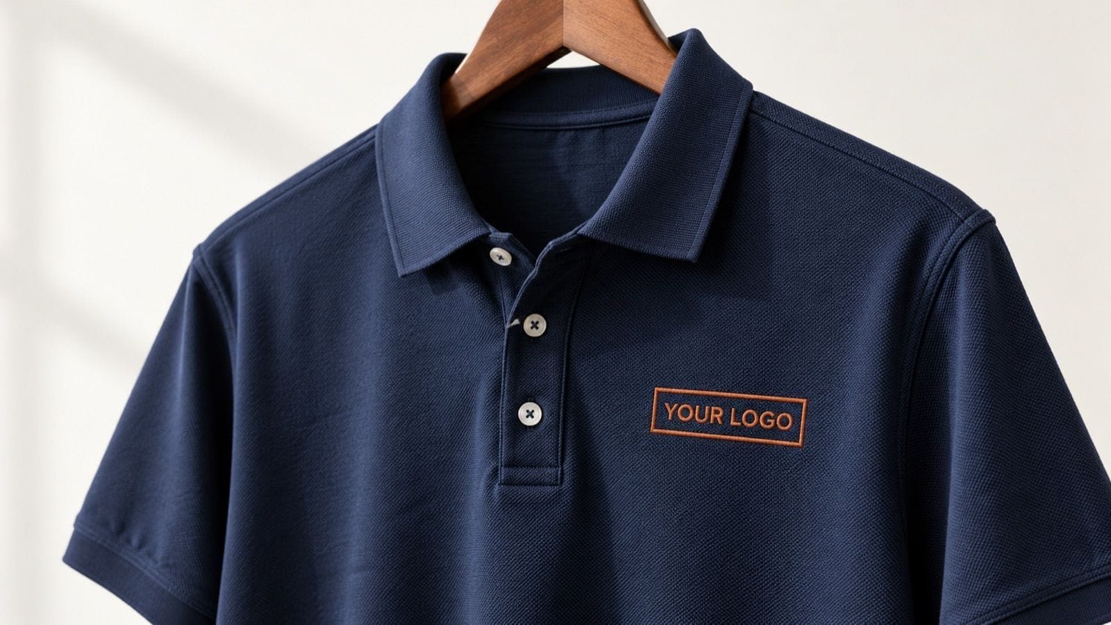 Navy polo on a hanger with a rust-thread "YOUR LOGO" placeholder on the left chest, a rendered example of the left-chest placement we stitch for Howard County teams and businesses