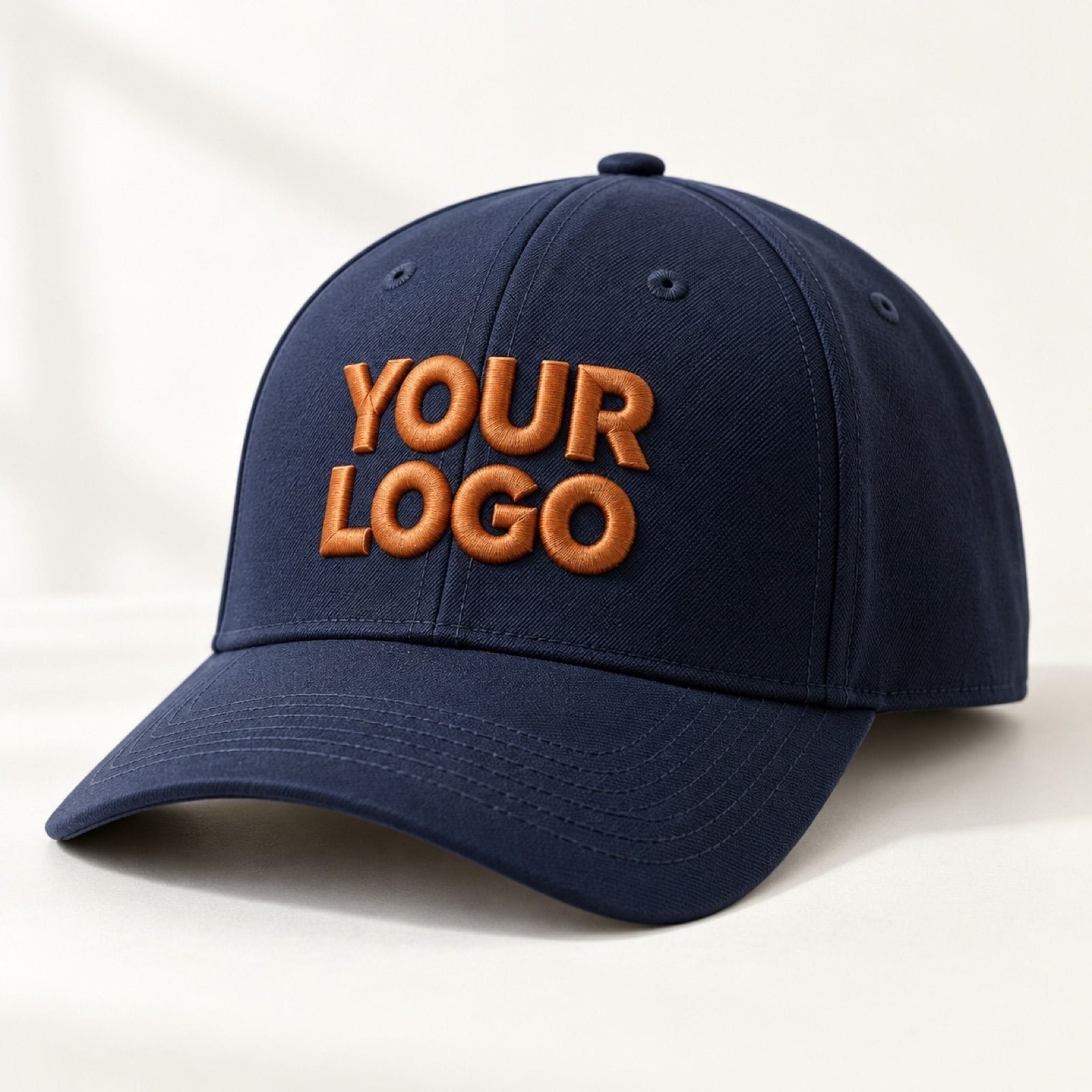 Navy cap with a rust puff-embroidered "YOUR LOGO" placeholder on the front panel, a rendered example of cap-front placement