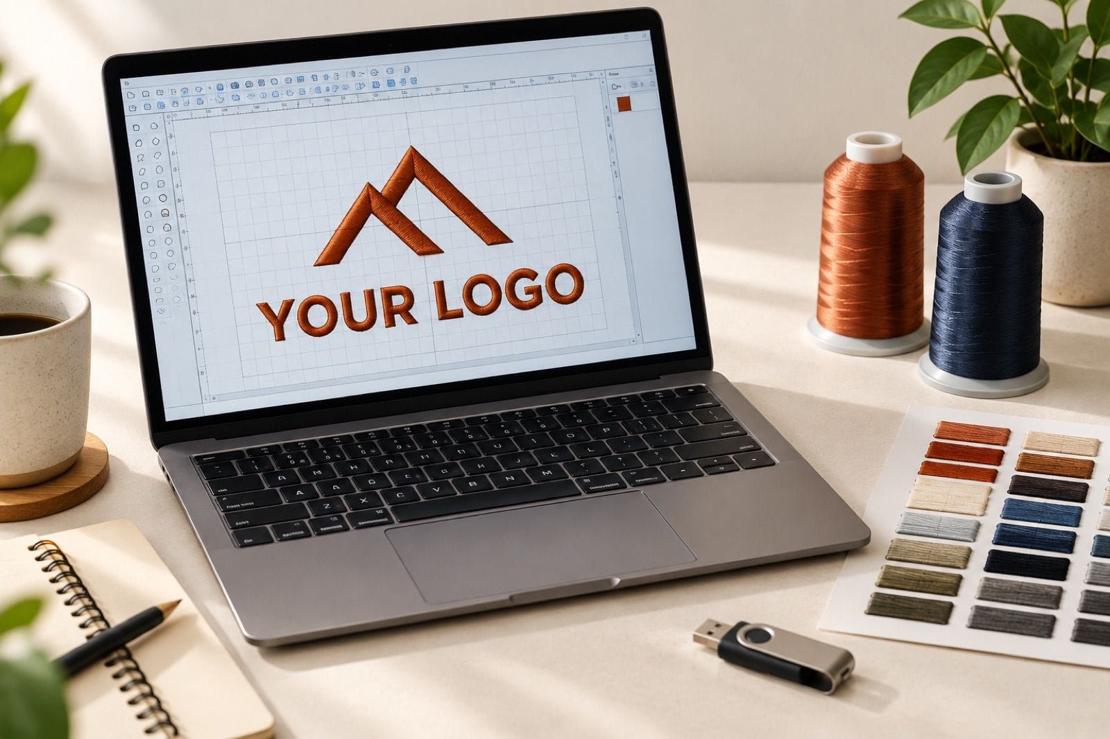 Laptop showing a simple placeholder logo open in embroidery digitising software, the first step of the process: send artwork