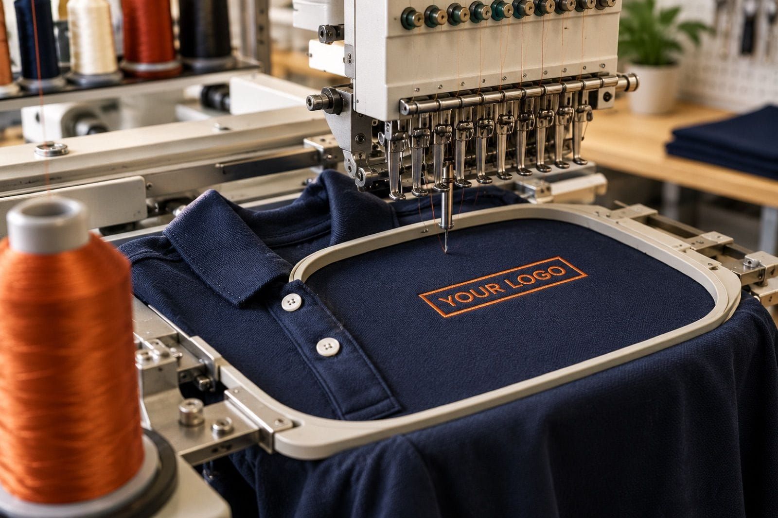 Navy polo hooped on a commercial embroidery machine with rust thread loaded, the stitching step of the process