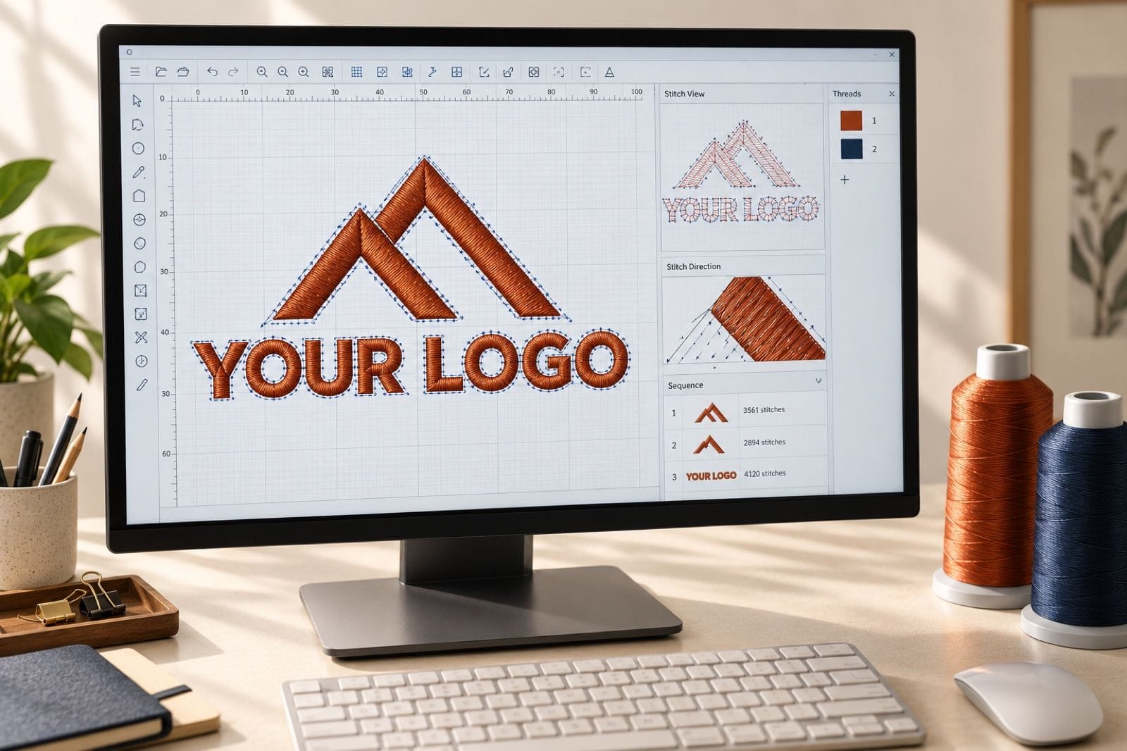 Monitor showing embroidery digitizing software with a placeholder logo drawn as satin stitch paths and underlay, rust and navy thread cones beside it